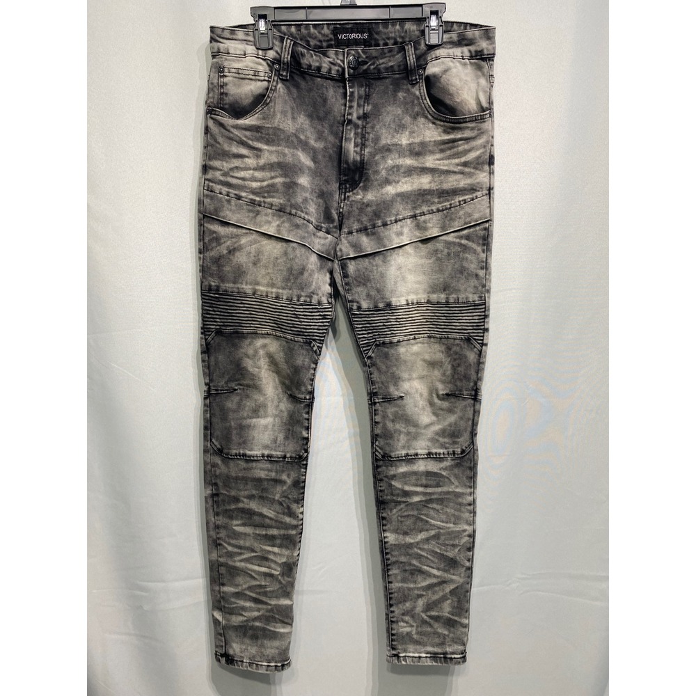 Victorious Mens Grey Acid Wash Moto Biker Skinny Jeans Ribbed Knee Size 36 x 32